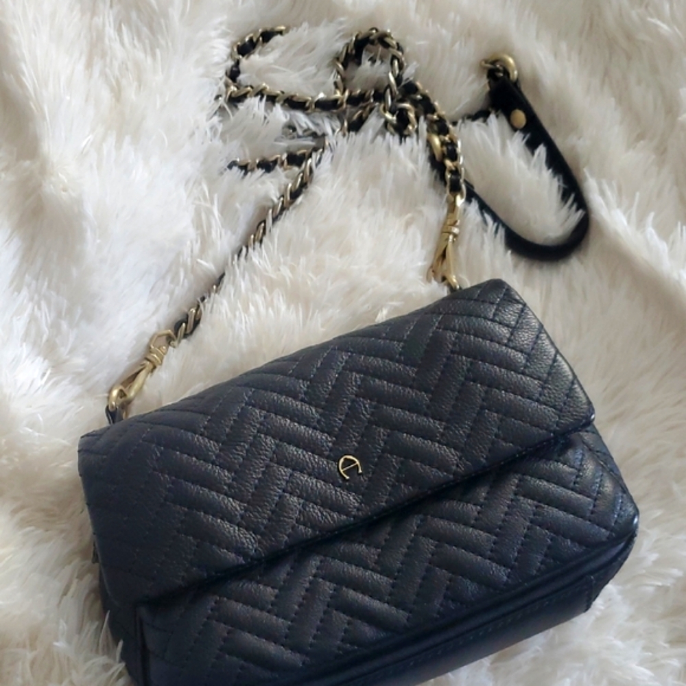 Genuine Leather Black Quilted Crossbody Bag with Chain Strap